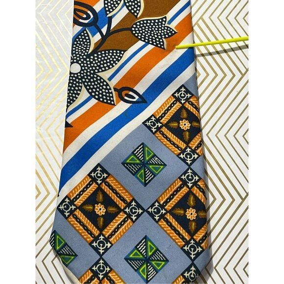 Marshall Field & Company Mens Geometric Floral Print Neck Tie Orange Black Blue - Picture 6 of 6